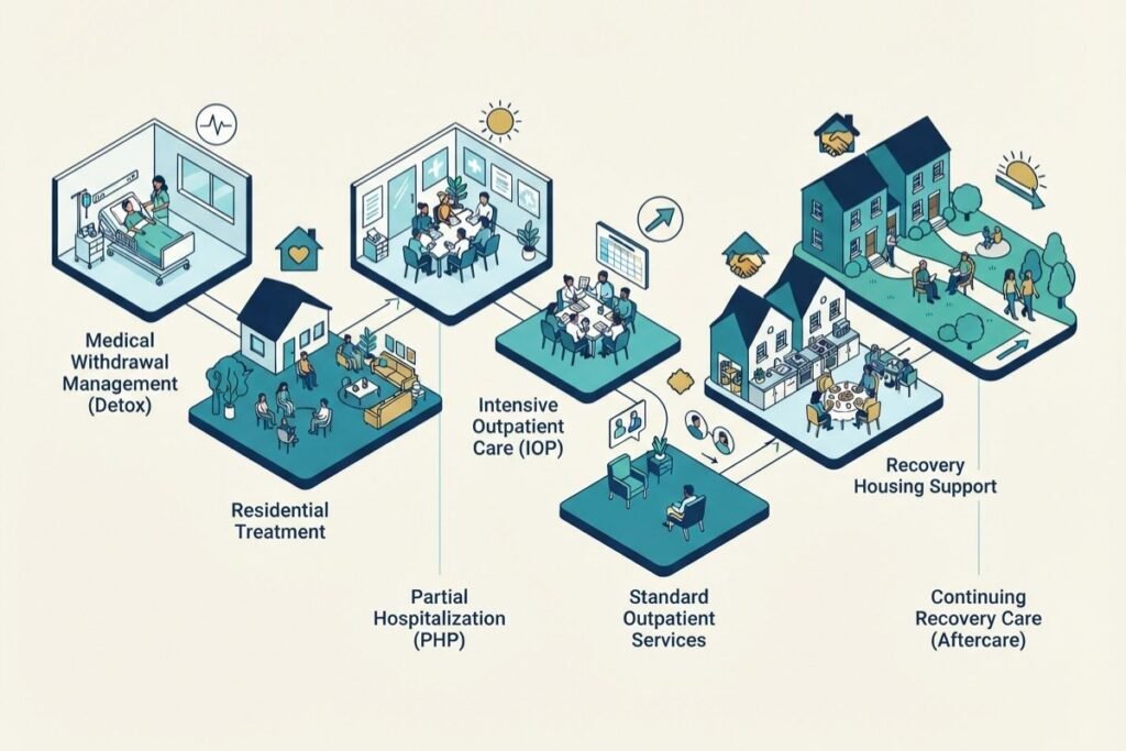Addiction treatment continuum illustration
