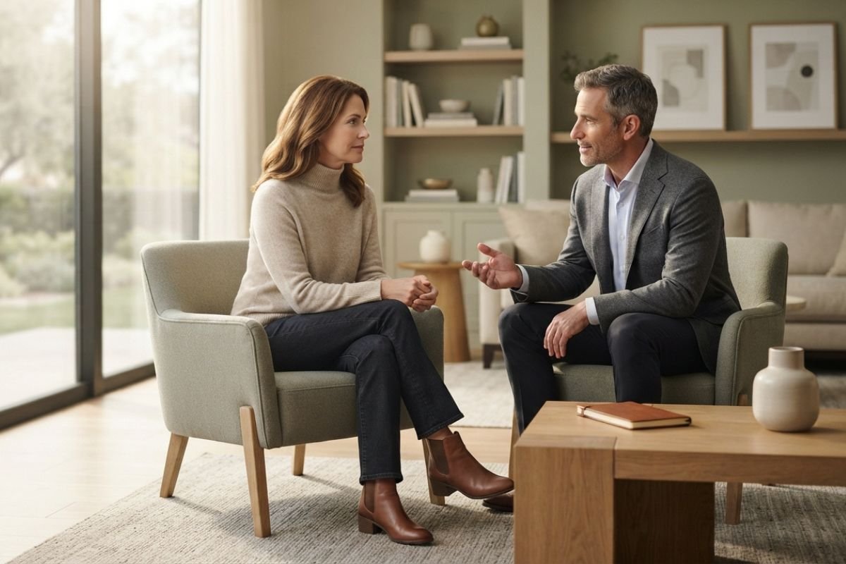 Adult discussing benzodiazepine addiction treatment with a behavioral health professional