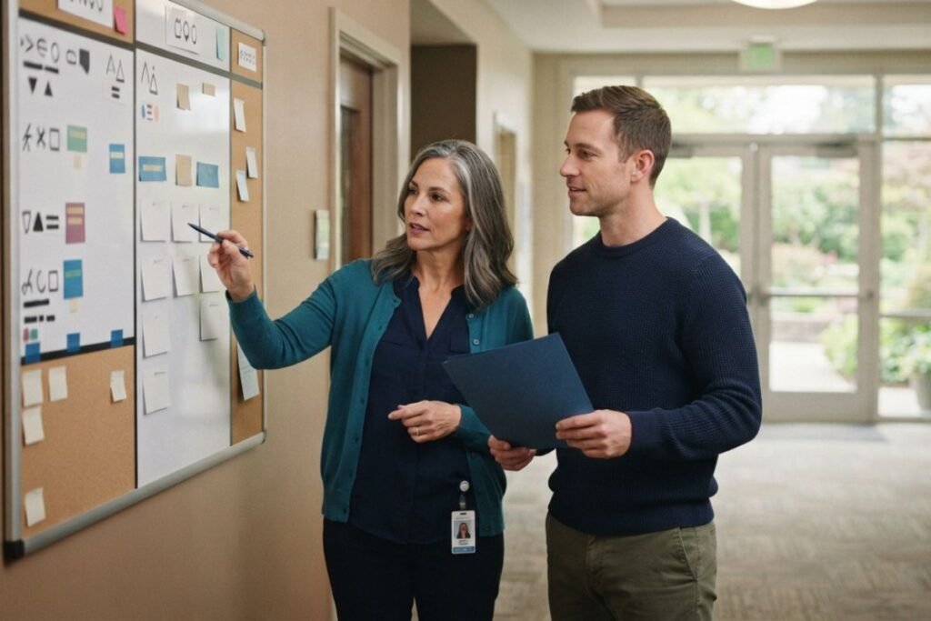 Patient and treatment professional planning continuing care after inpatient rehab