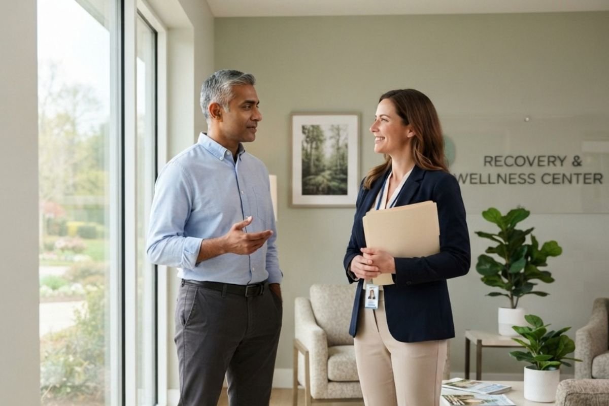 Adult discussing alcohol addiction treatment with a behavioral health professional