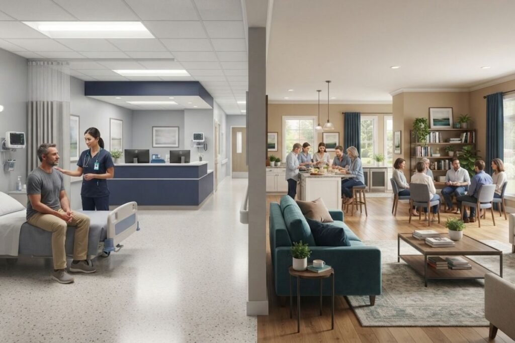Illustration comparing hospital inpatient and residential addiction treatment