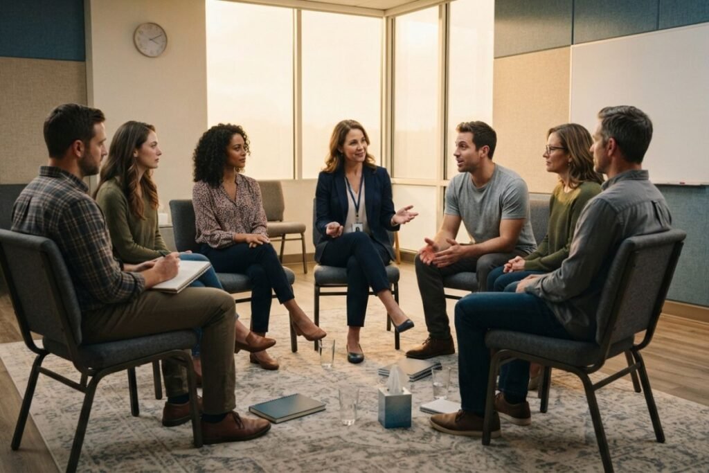 Small structured intensive outpatient addiction treatment group with a behavioral health professional