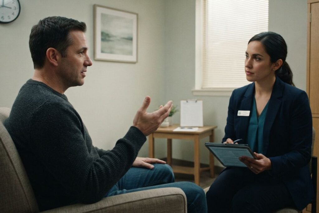 Clinician assessing whether residential addiction treatment may be appropriate