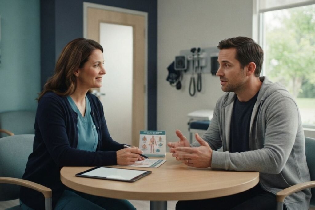 Clinician discussing medication and withdrawal care with an adult patient