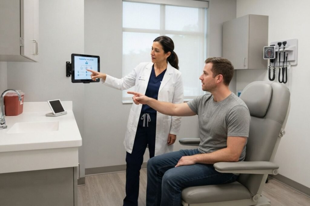 Clinician discussing addiction medication during residential treatment