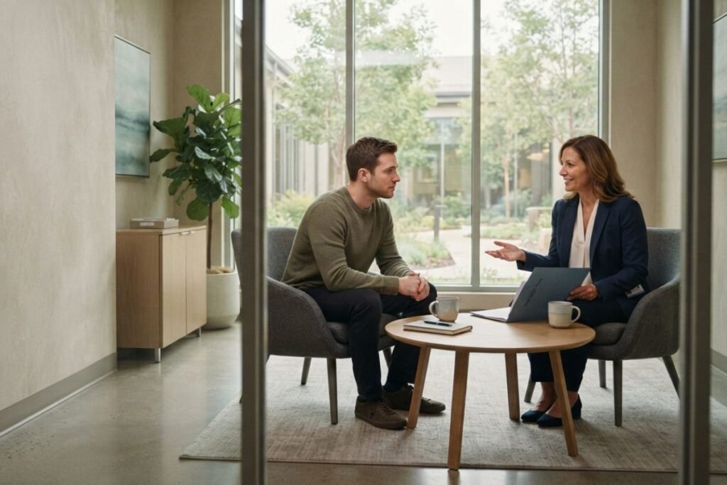 Adult discussing outpatient addiction treatment with a behavioral health professional