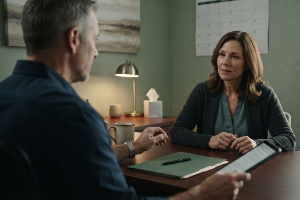 Clinician and patient reviewing whether outpatient addiction treatment may be appropriate