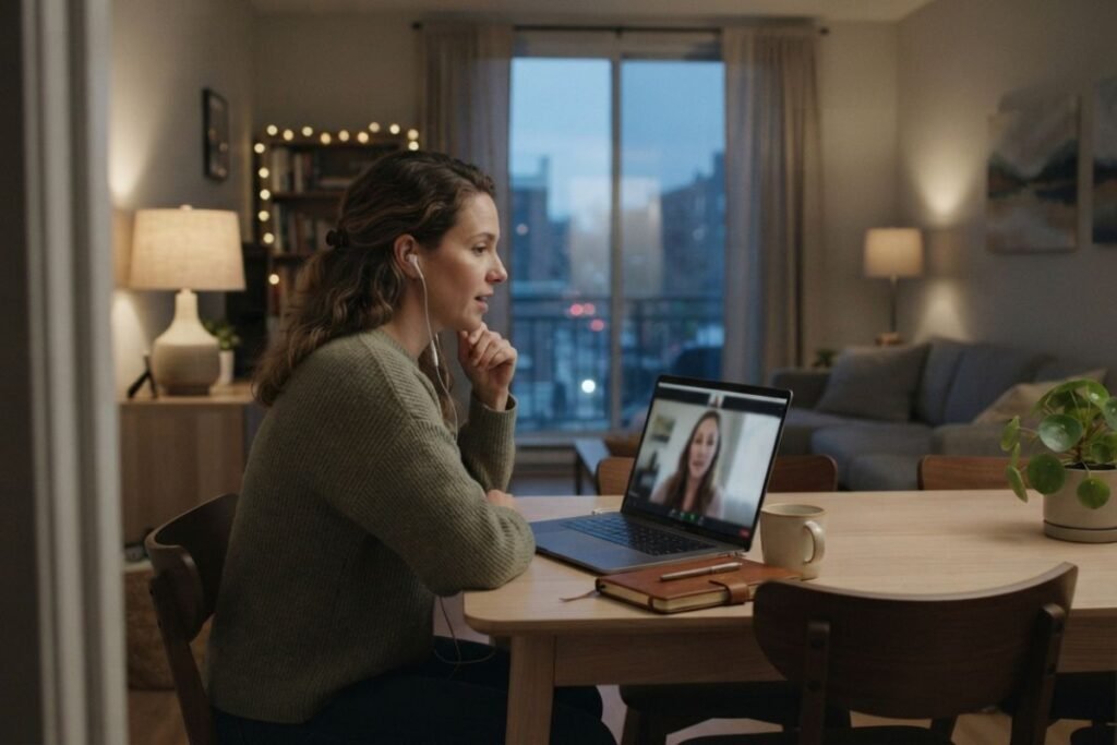 Adult participating in a private telehealth addiction treatment session from home