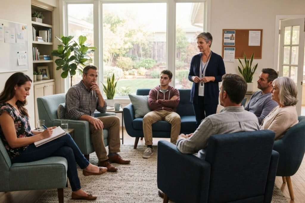 Structured daily addiction treatment in a residential rehab setting