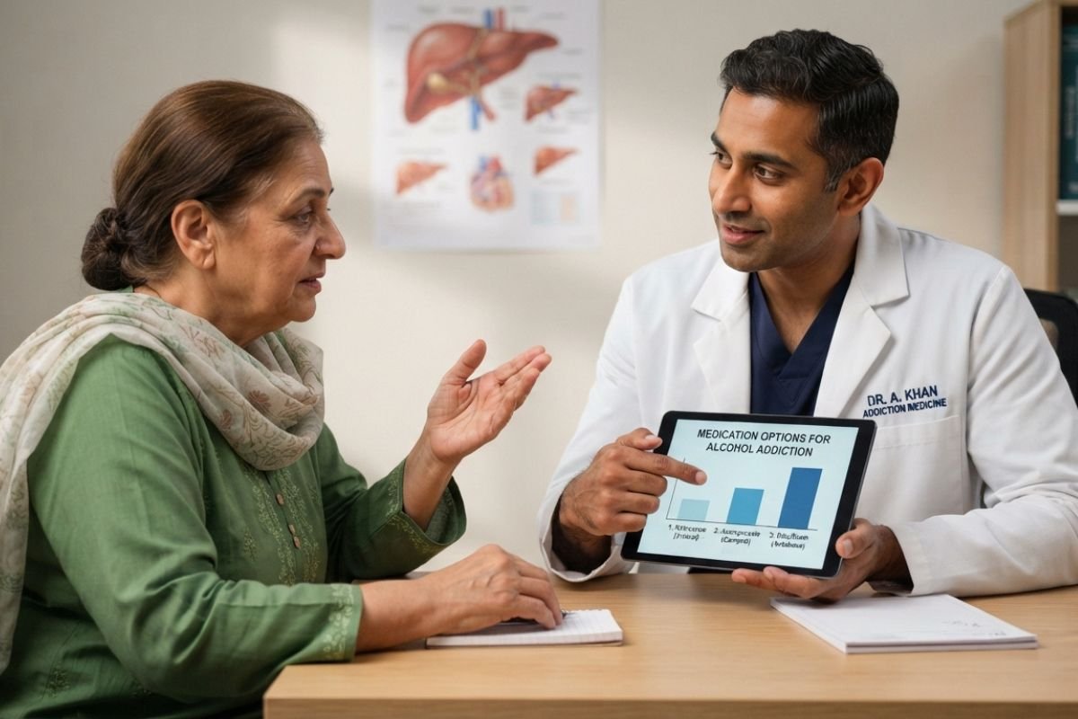 Clinician discussing medications used for alcohol addiction treatment